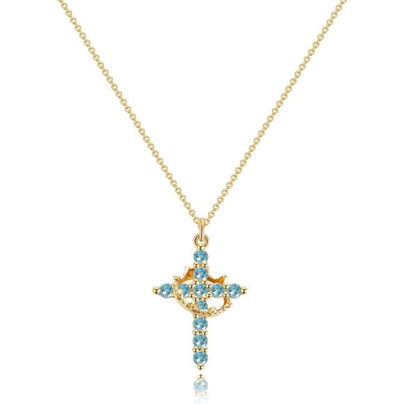 Perfect Gifts Women's Crown M03 Blue Cross Necklace Gold Plated Faith Jewelry - Picture 9 of 9